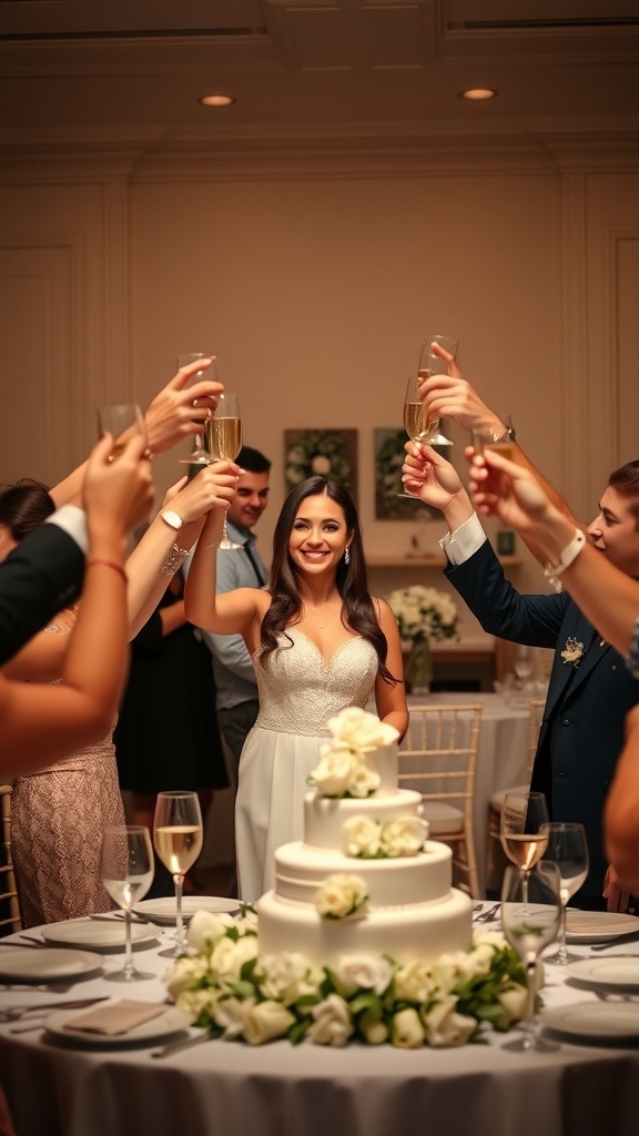Guests at a wedding reception raising glasses for a toast, with the newlyweds smiling in the center.